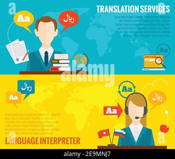 Face to face synchronic translation services and international court legal interpreting flat banners set abstract vector illustration Stock Vector