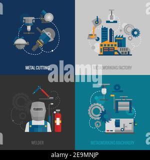 Metalworking factory and cutting machinery 4 flat icons composition with welder equipment pictograms abstract isolated vector illustration Stock Vector