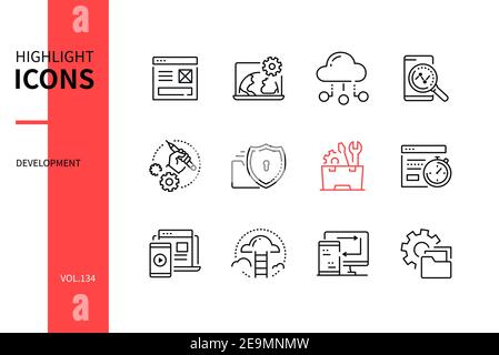 Development - modern line design style icons set. Company website and mobile app idea. Wireframe, technical support, hosting, page optimization, data Stock Vector