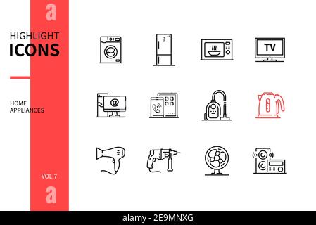 Home appliances - line design style icons set. Household chores and services, electronics. Domestic products, goods categories for online store. Washi Stock Vector