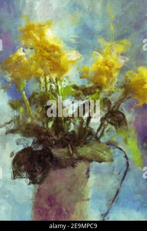 painterly yellow Roses flowers in vase, wall art Stock Photo