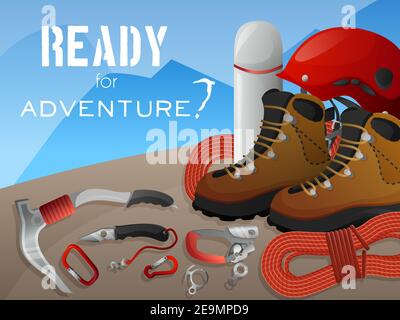 Ready for adventure mountain peaks climbing equipment and sportswear decorative background banner print flat abstract vector illustration Stock Vector