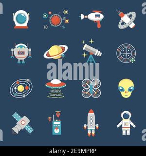 Fiction icon set with aliens space shuttle cyborg weapons isolated vector illustration Stock Vector