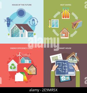 Energy saving house design concept set flat icons isolated vector illustration Stock Vector