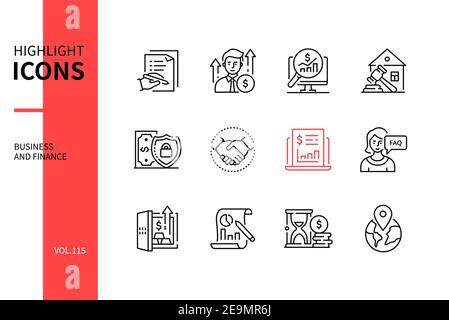 Business and finance - line design style icons set. Partnership and management idea. Contract, businessman, analytics, auction, secure, handshake, inv Stock Vector