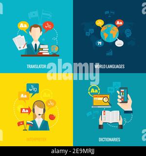 World languages translator interpreter 4 flat  icons composition with computer electronic mobile dictionaries abstract  isolated vector illustration Stock Vector
