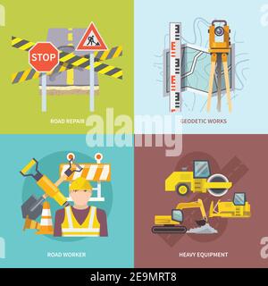 Road worker design concept set with heavy repair equipment flat icons isolated vector illustration Stock Vector