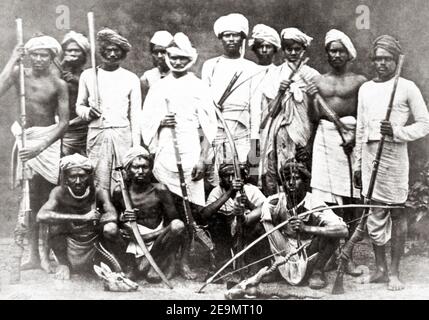 Mid-late 19th century photograph - Group of Bheel of Bhil people, central India, 1860's Stock Photo