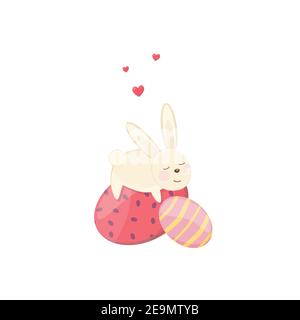 Cute cartoon Easter bunny sleeping on an Easter egg isolated vector Illustration on a white background Stock Vector