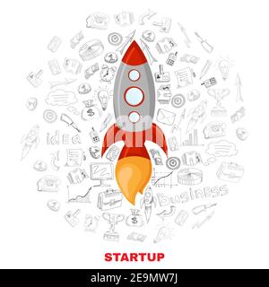 New business company successful startup launch planning concept icons background with satellite symbol poster abstract vector illustration Stock Vector
