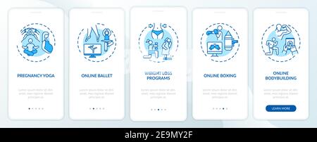 Online workout programs onboarding mobile app page screen with concepts Stock Vector