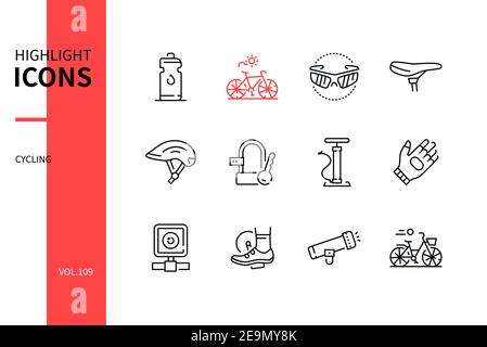 Cycling - modern line design style icons set. Sport and exercising concept. Sportive equipment images. Water bottle, bicycle, goggles, saddle, helmet, Stock Vector