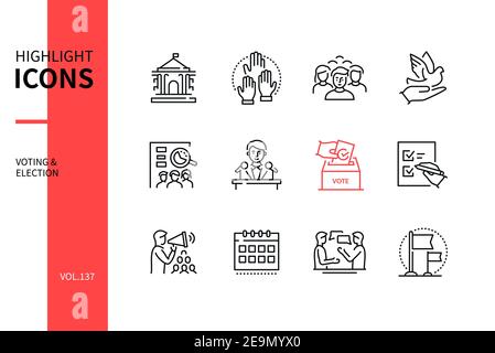 Voting and election - modern line design style icons set. Politics and electioneering concept. Government building, voters, dove, vote counting, candi Stock Vector