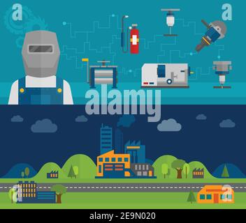 Metal working foundry and metalworking machinery infographic elements 2 flat horizontal banners set abstract isolated vector illustration Stock Vector