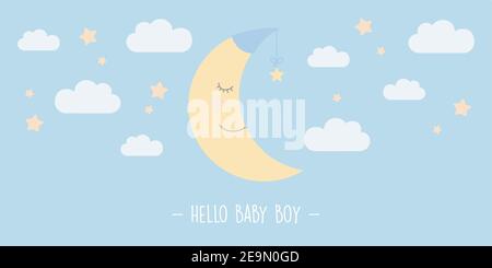 hello baby boy greeting card with cute moon vector illustration EPS10 Stock Vector