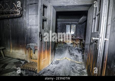 burnt black room after fire Stock Photo