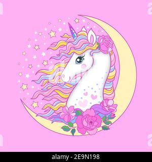 Composition with a crescent moon, white unicorn and flowers on a pink background. Vector illustration. Stock Vector