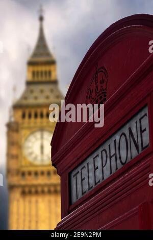Big Ben and red phone box, London, UK. Stock Photo