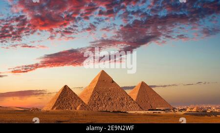 Sunset at the Pyramids, Giza, Cairo, Egypt. Stock Photo
