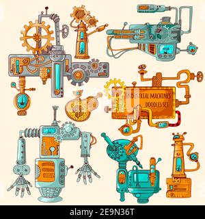 Industrial machines technically detailed doodles colored set isolated vector illustration Stock Vector