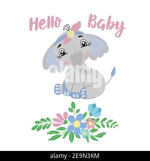 Cute cartoon elephant, inscription - hello baby Stock Vector