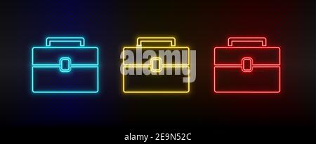 Neon icon set briefcase, bag. Set of red, blue, yellow neon vector icon Stock Vector