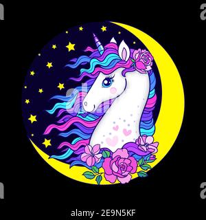 Head of a white, unicorn with a rainbow mane on a black background. Fantastic animal.Vector illustration Stock Vector