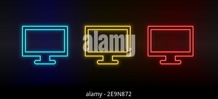 Neon icon set computer. Set of red, blue, yellow neon vector icon Stock Vector
