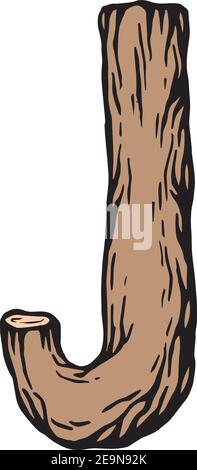 Colored engraving Letter J made of wood with leaves on the white background Stock Vector