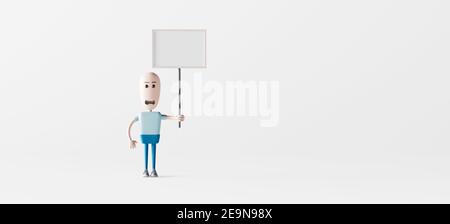 Funny 3d man character with billboard in his hand 3d render 3d illustration Stock Photo