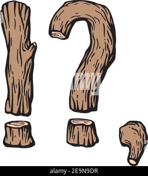 Colored engraving punctuation marks Question mark, exclamation point, comma, made of wood on the white background Stock Vector