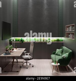 Modern urban office work space with green plants decoration 3d render 3d illustration Stock Photo