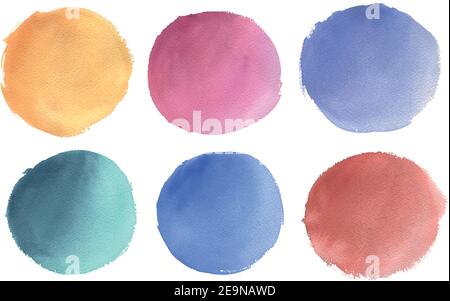 Vector collection of colorful vector round watercolor elements. Hand drawn texturized circles isolated on white background for Instagram highlights Stock Vector