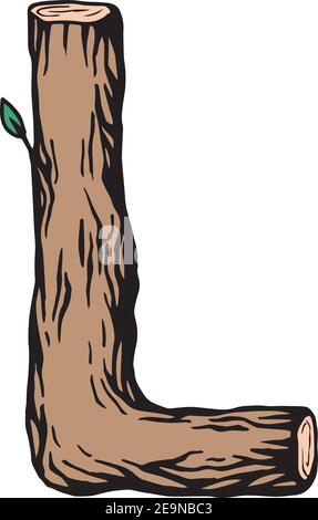 Colored engraving Letter L made of wood with leaves on the white background Stock Vector