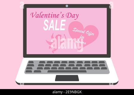 Laptop with Valentines Day holiday elements and discount offer. Screen with cupid, heart, and text. Vector illustration in flat style Stock Vector