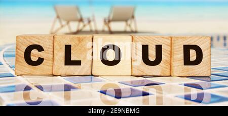Closeup of word on wooden cube on mosaic border background concept - Cloud. Big data, database, cloud service concept. Stock Photo