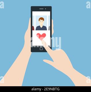 Person using online dating app on phone. Man and woman searching for love and relationship. Human hand holding smartphone and click on heart. Isolated Stock Vector