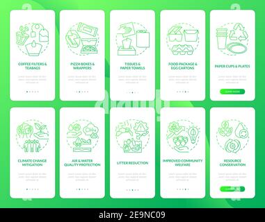 Biodegradable waste reducing onboarding mobile app page screen with concepts set Stock Vector
