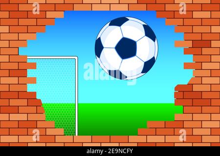 Illustration of the soccer ball and broken brick wall Stock Vector