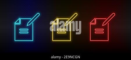 Neon icon set file, pencil. Set of red, blue, yellow neon vector icon Stock Vector