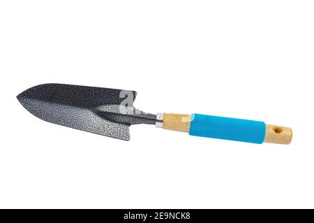 Horizontal shot of a new gardening trowel on a white background. Stock Photo