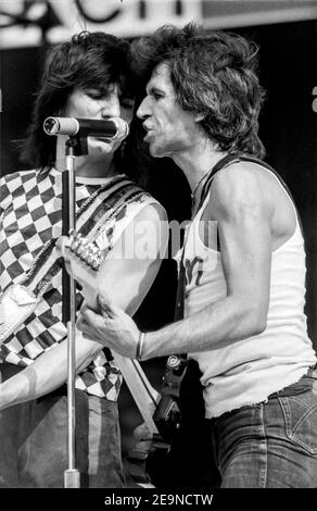 ROTTERDAM, THE NETHERLANDS - JUN 02, 1982:  Guitar players Keith Richards and Ron Wood from The Rolling Stones during their concert in de kuip stadium Stock Photo