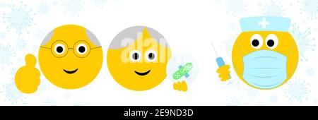 thumbs up Senior emoji getting vaccinated by medical emoji in face mask with vaccine in syringe, flu covid 19 medical vaccination concept Stock Photo