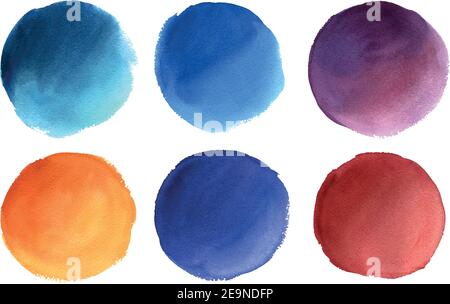 Set of colorful vector round watercolor elements. Hand drawn texturized circles isolated on white background. Ideal for postcards, Instagram highlight Stock Vector