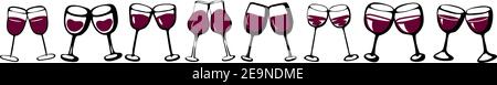 Wine glasses set cheers couple love banner - collection of sketched doodle wineglasses and glass silhouette. Hand drawn glass with red wine inside, is Stock Vector