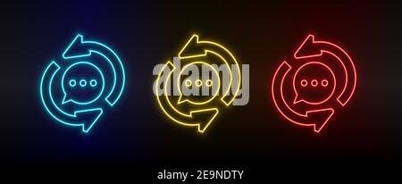 Neon icon set bubble chat, refresh. Set of red, blue, yellow neon vector icon Stock Vector