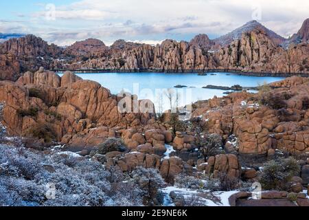 Scenic winter landscape at Watson Lake and the Granite Dells with snow  in Prescott, Arizona Stock Photo