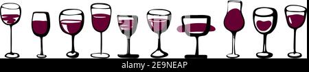 Wine glasses set - collection of sketched doodle watercolor wineglasses and glass silhouette. Hand drawn glass with red wine inside, isolated ink vect Stock Vector