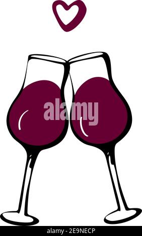 Vector doodle hand drawn sketch black red illustration of two wine glasses couple love drink symbol sign line icon on white background. Valentines day Stock Vector