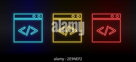 Neon icon set website, internet, browser, code. Set of red, blue, yellow neon vector icon Stock Vector